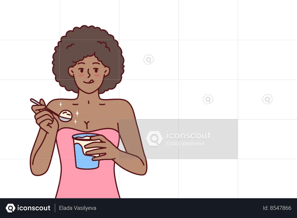 African American woman eating ice cream enjoying cold dessert to cool down after hot walk  Illustration