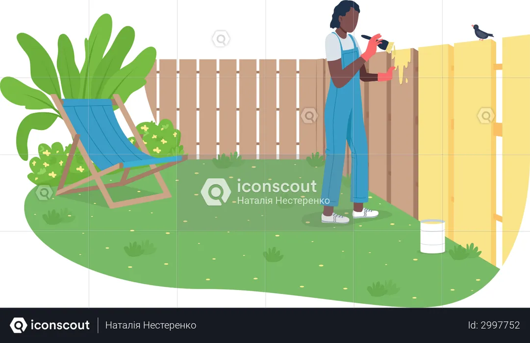 African American woman painting garden fence  Illustration