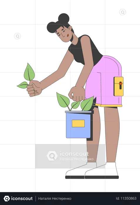 African american woman planting seedlings from bucket  Illustration