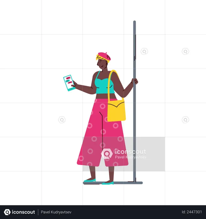 African american woman using mobile phone in subway train  Illustration
