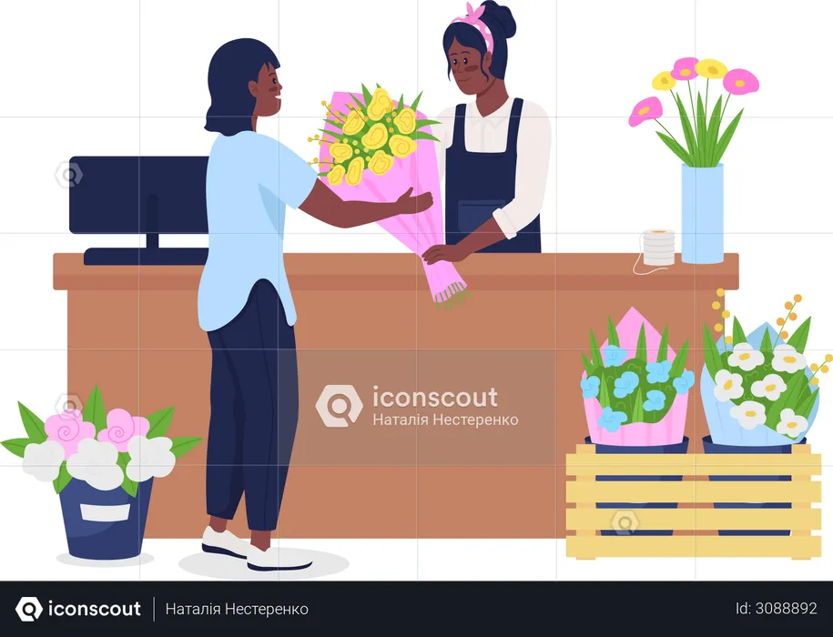 African American women buying and selling flowers  Illustration