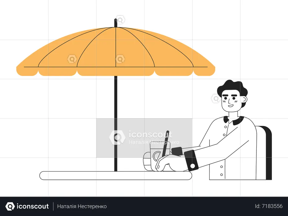 African american young man with soda drink sitting under umbrella  Illustration