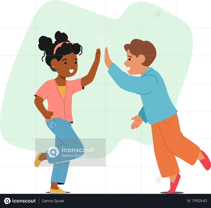African And Caucasian Children Happily Giving Each Other High Fives  Illustration