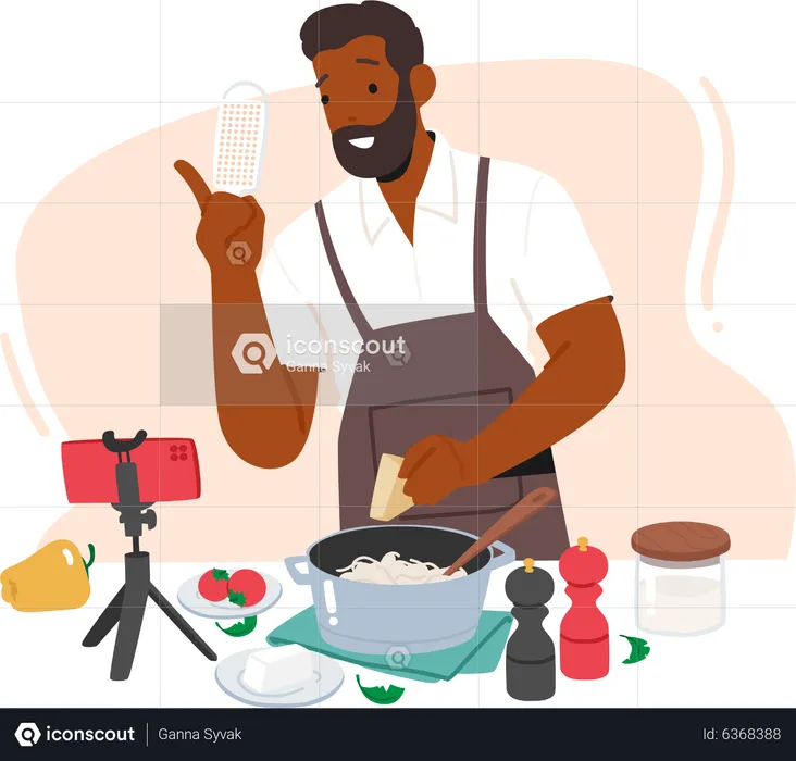 African chief streaming live cooking video  Illustration