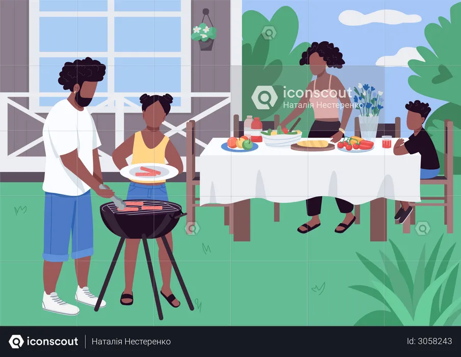 African family enjoying barbecue party in the park  Illustration