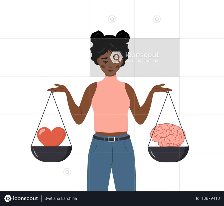 African Female Character Looking At Brain And Heart On Seesaw  Illustration