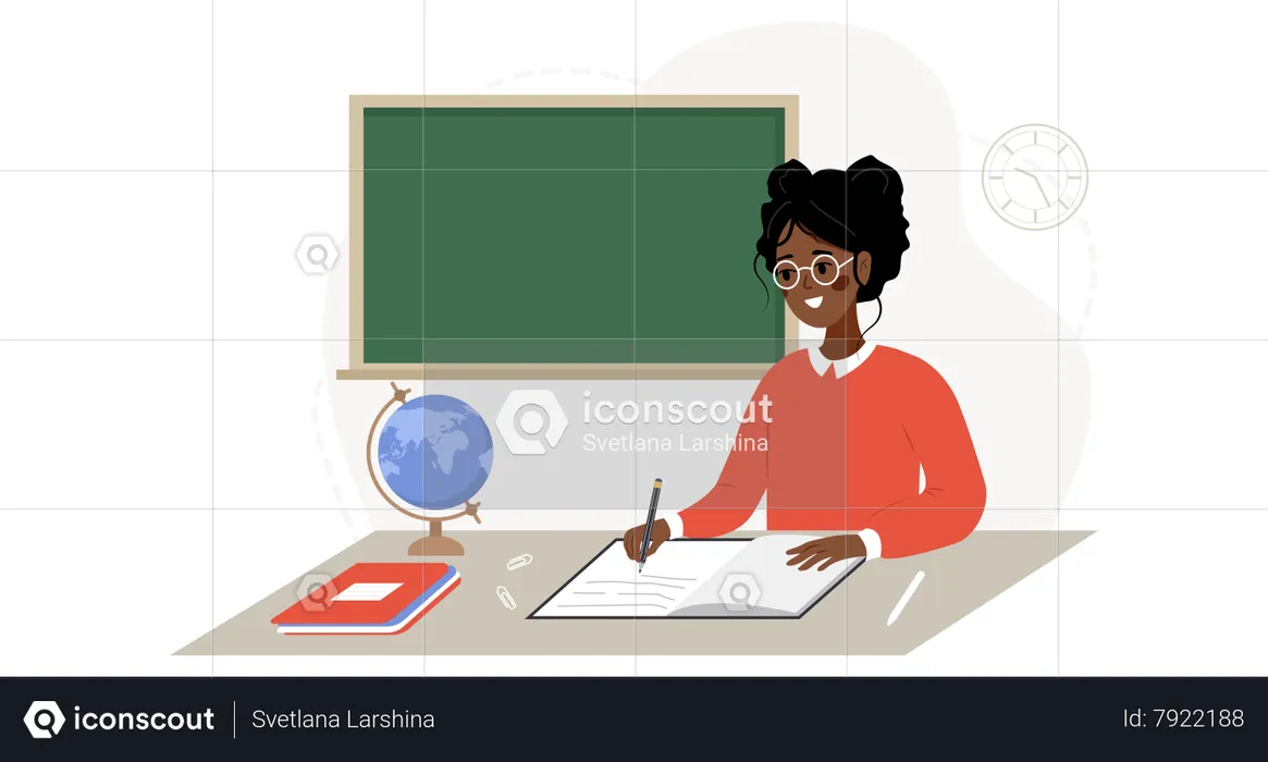 African female teacher sitting at table and checking homework  Illustration