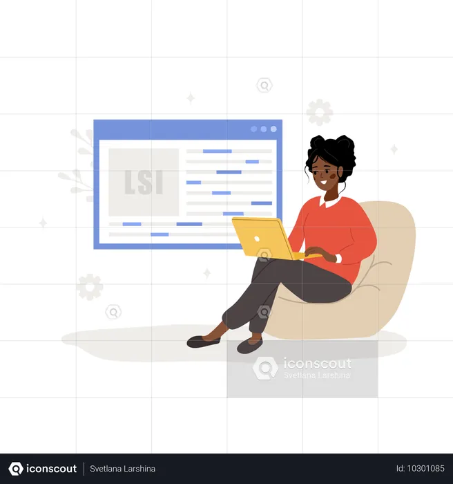 African female with laptop and word search optimization  Illustration