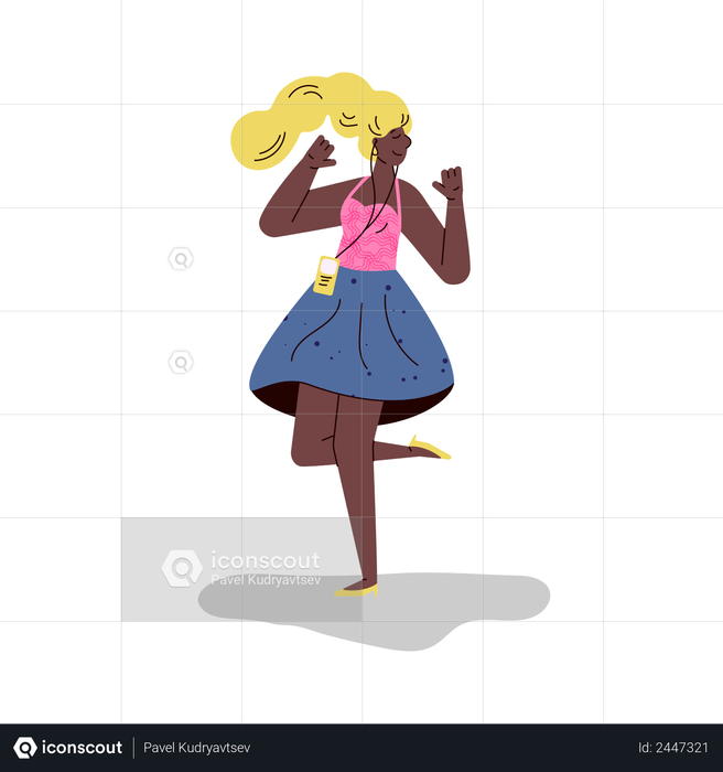 African girl dancing and listening to music on headphones Illustration