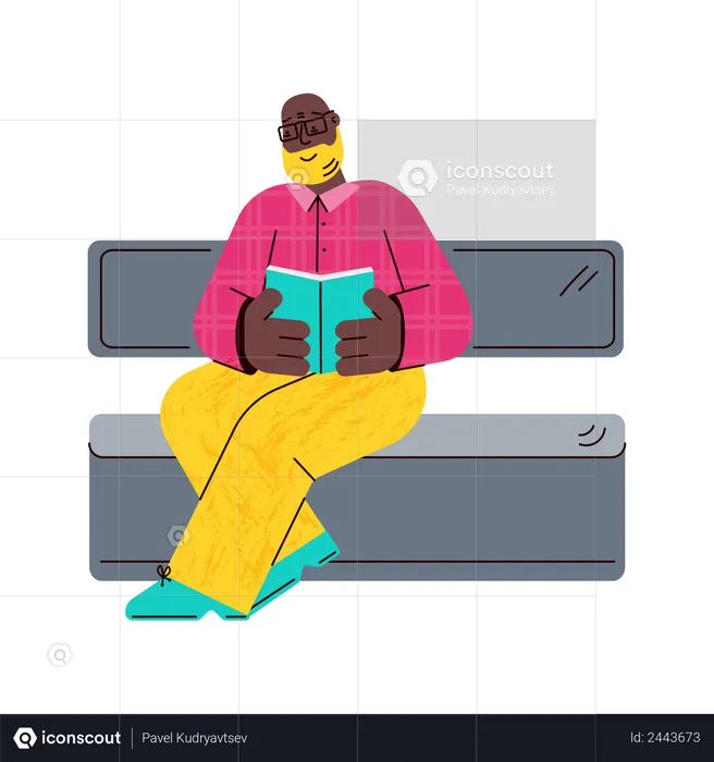 African man sitting and reading a book on subway seat or metal bench  Illustration