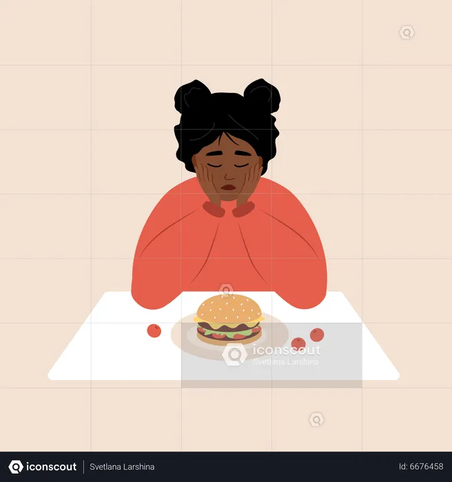 African woman feeling guilty to eat burger  Illustration