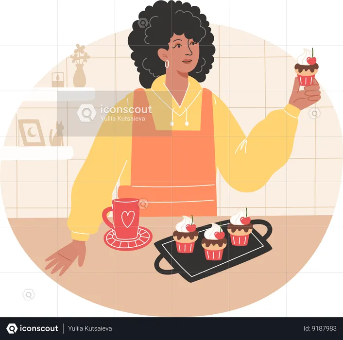 African woman has baked cupcakes and is enjoying them with a hot drink  Illustration