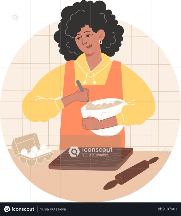 African woman is preparing pastries at home in the kitchen  Illustration