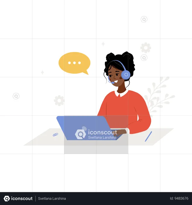 African woman with headphones and microphone with laptop  Illustration