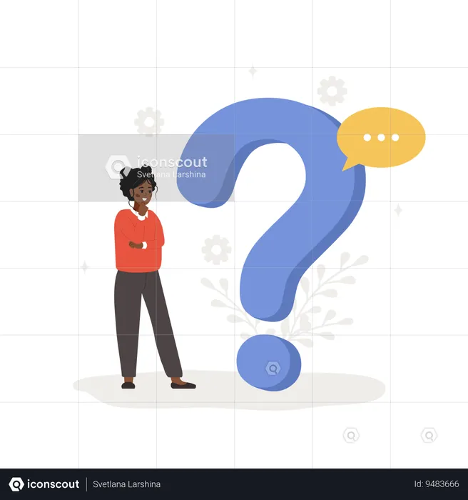 African woman with large question mark search for answers  Illustration