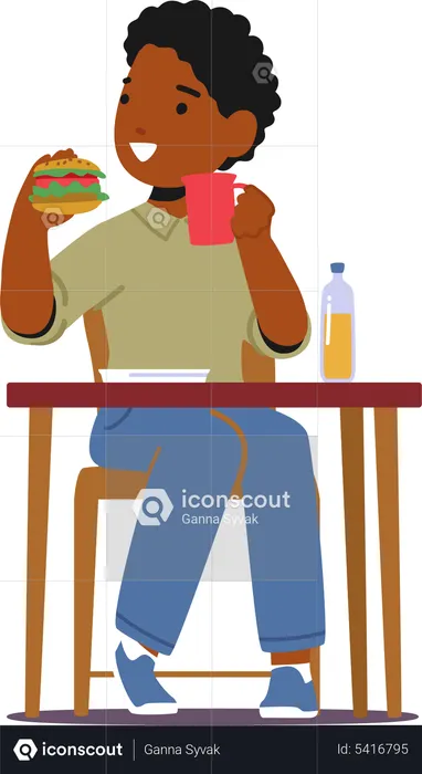 Afrikanischer Junge isst Burger, während er am Tisch sitzt  Illustration