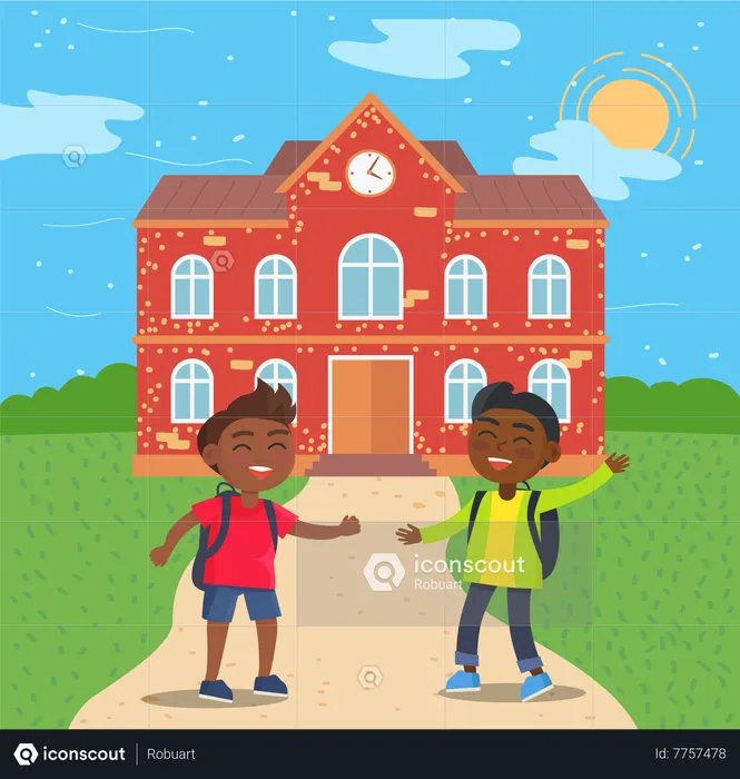 Afro American Students In Front Of School  Illustration