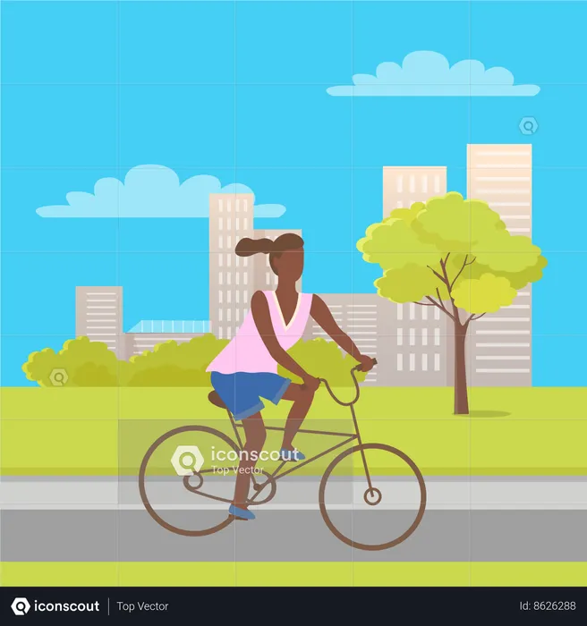 Afro-American woman riding bike in park  Illustration