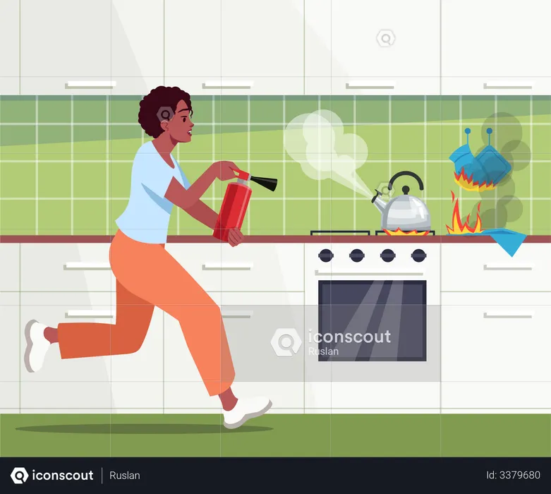 Afro american woman running with fire-extinguisher in hands  Illustration