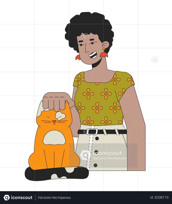 Afro hair woman stroking cat head  Illustration