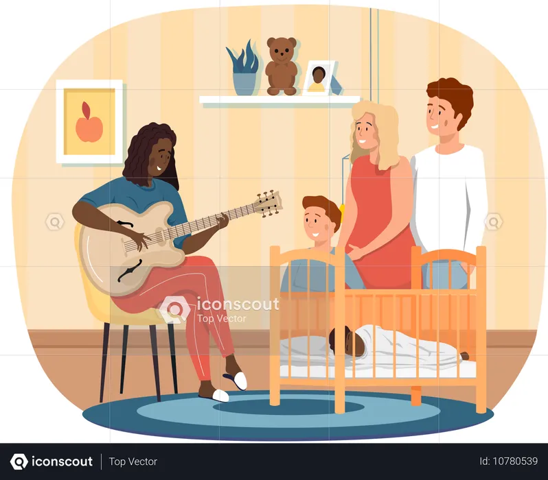 Afroamerikanische Frau spielt Gitarre und singt zu Hause für ihr kleines Kind und andere Verwandte  Illustration