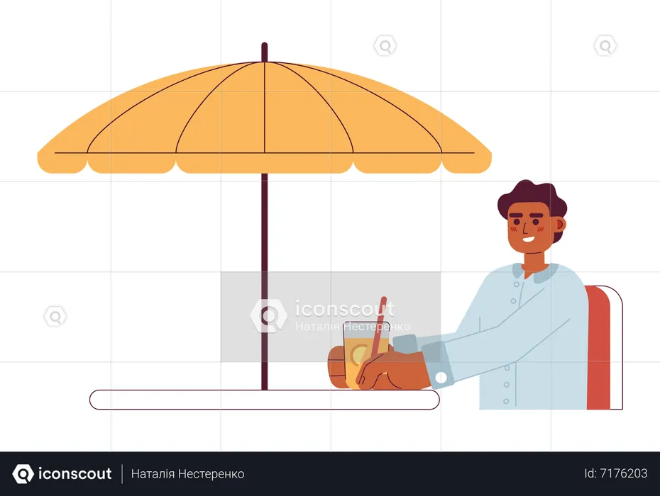 Afrikanischer amerikanischer junger Mann mit Limonade sitzt unter Regenschirm  Illustration