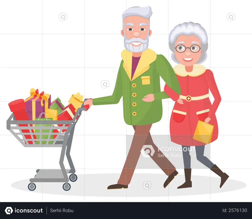 Aged couple doing christmas shopping  Illustration