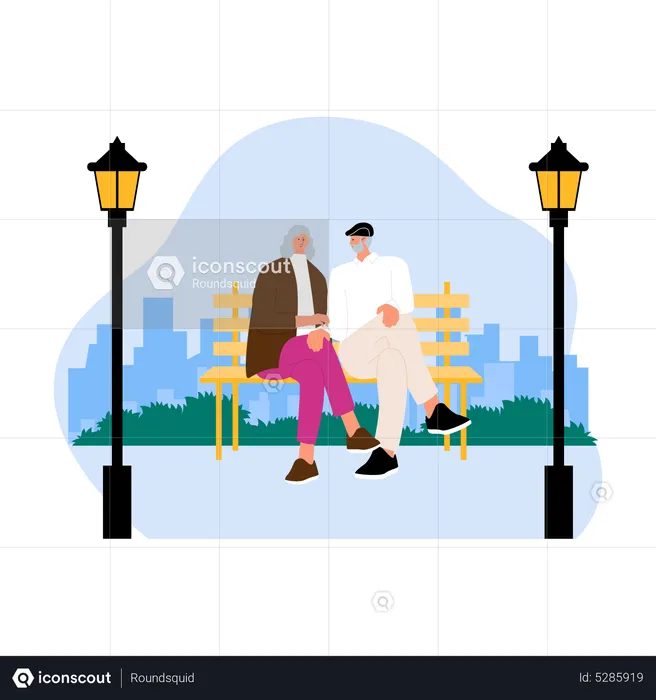 Aged couple sitting in park  Illustration
