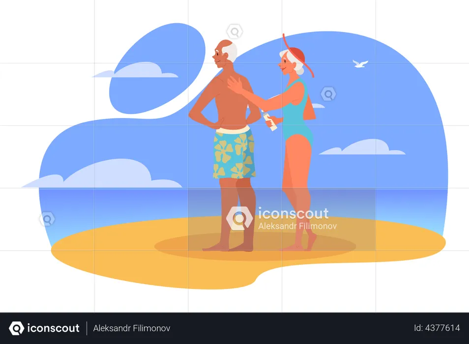 Aged Couple standing together on beach  Illustration