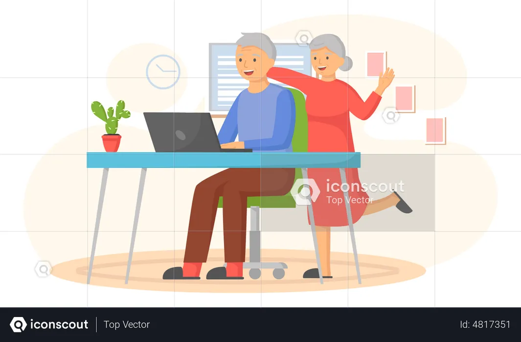 Aged couple using computer  Illustration