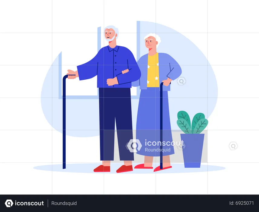 Aged couple walking with help of stick  Illustration