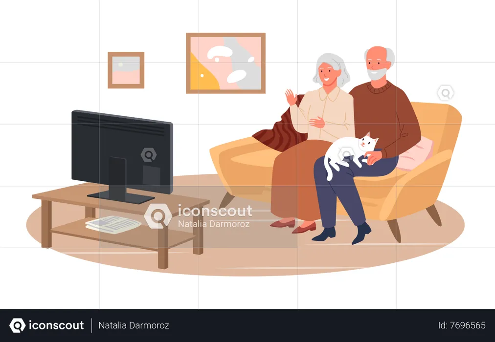 Aged couple watching tv  Illustration