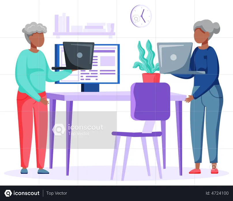 Aged couple working on computer  Illustration