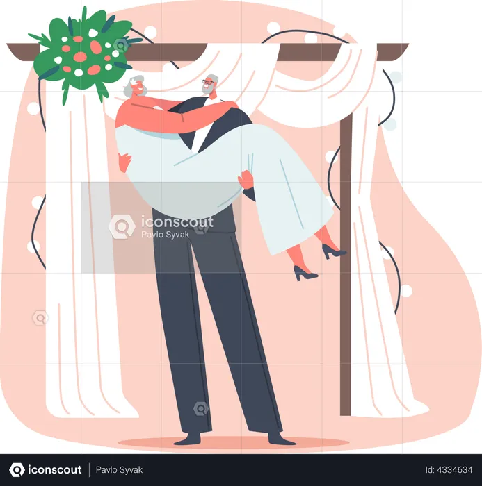 Aged groom holding bride in hands  Illustration