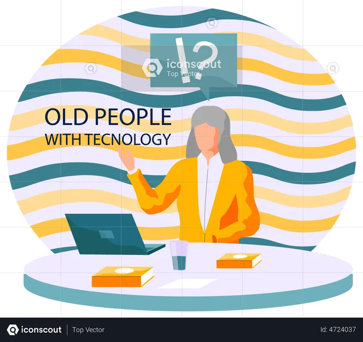 Aged lady working on laptop  Illustration