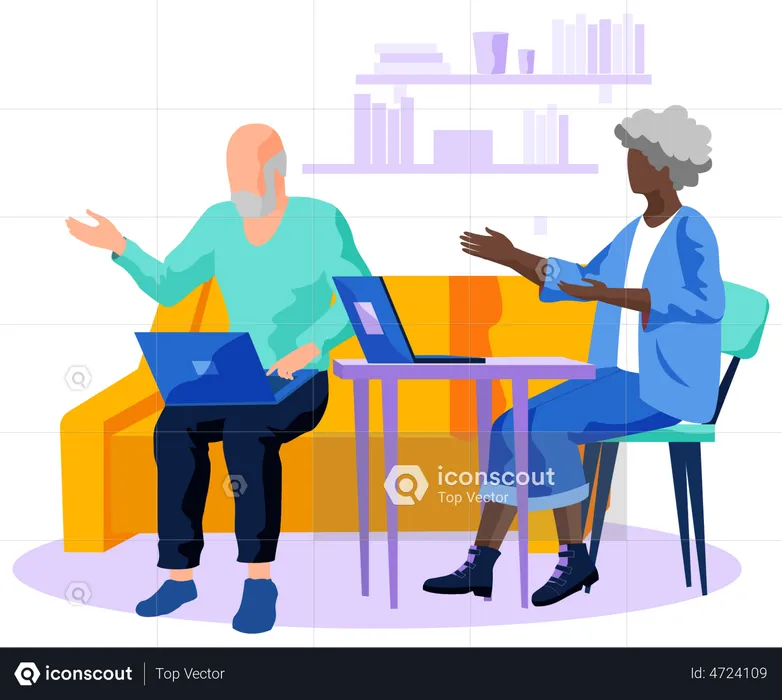 Aged man and woman working on laptop  Illustration