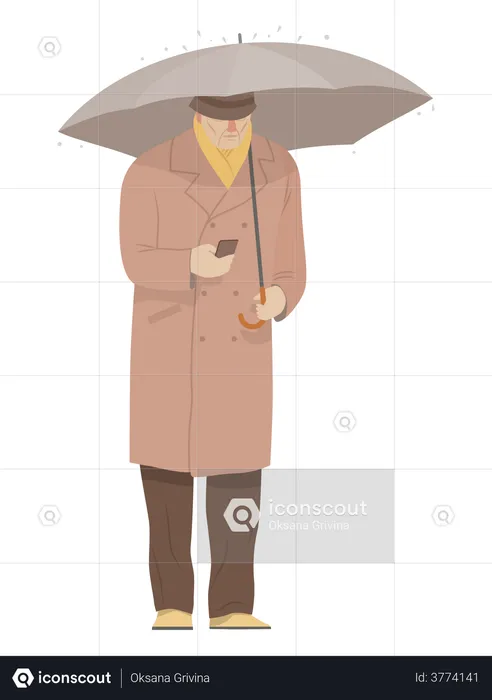 Aged Man holding umbrella  Illustration