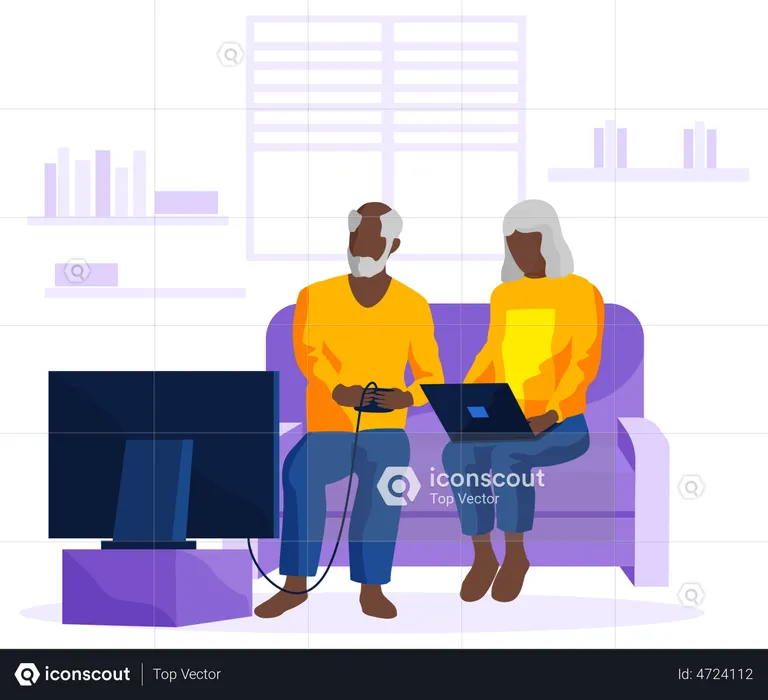 Aged man playing video game and woman working on laptop  Illustration