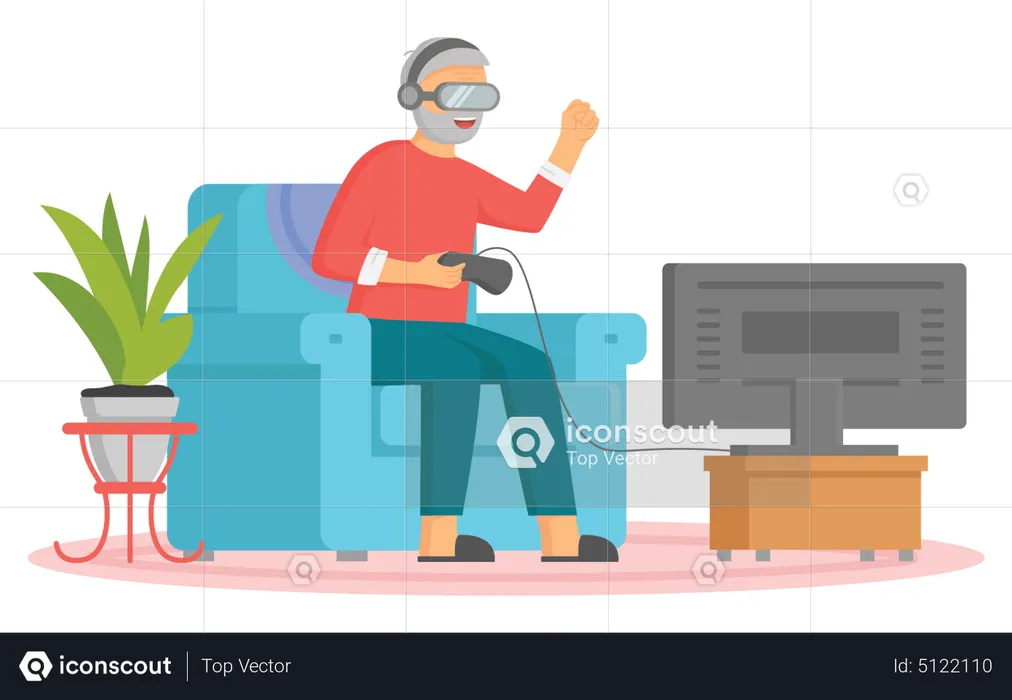 Aged man playing video game  Illustration