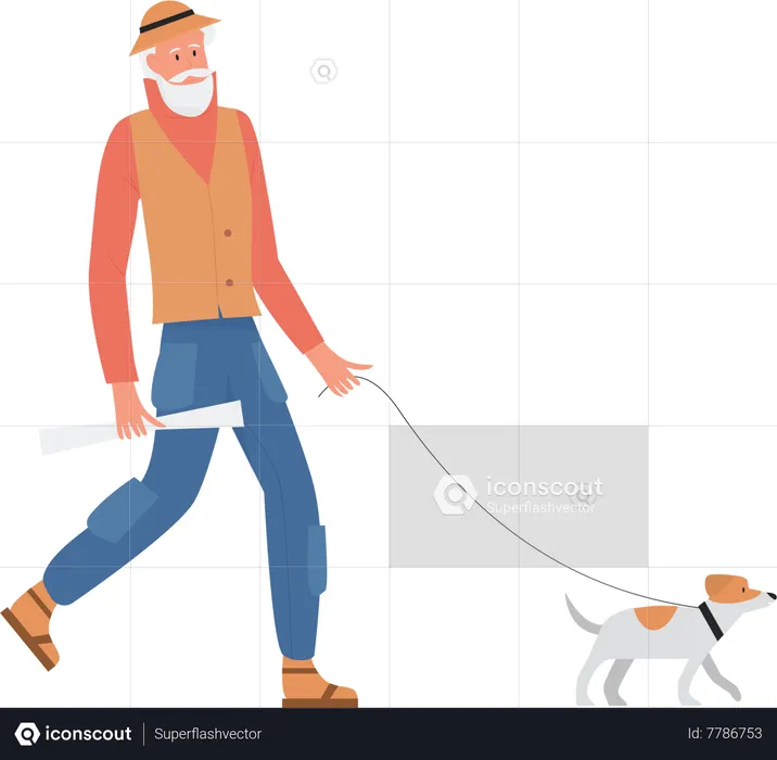 Aged man walking with dog  Illustration