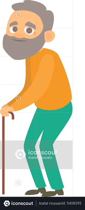 Aged man with walking stick  Illustration