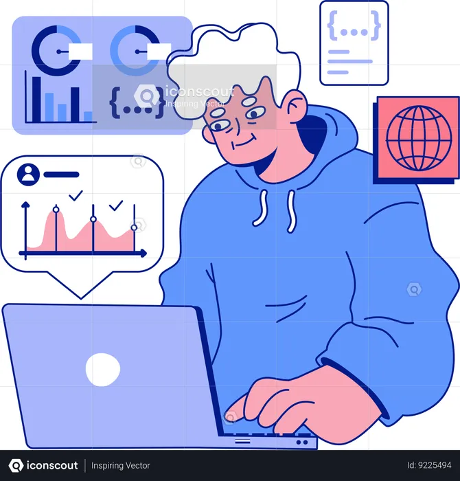 Aged man working on laptop  Illustration