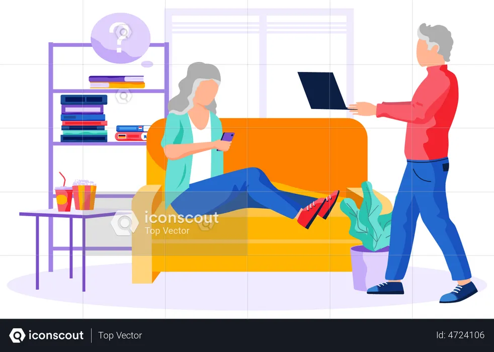 Aged man working on laptop and aged woman chatting on video call  Illustration