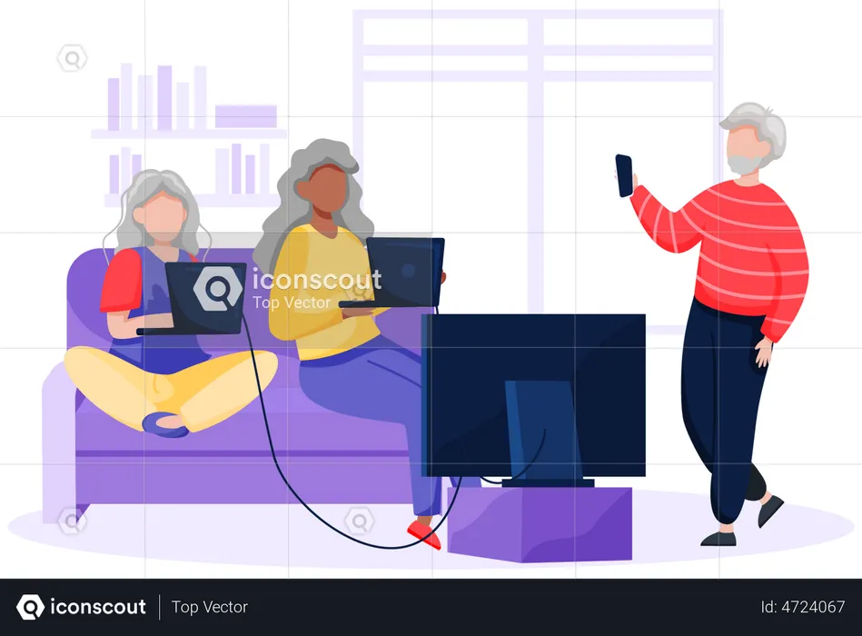 Aged people using computer and technology  Illustration