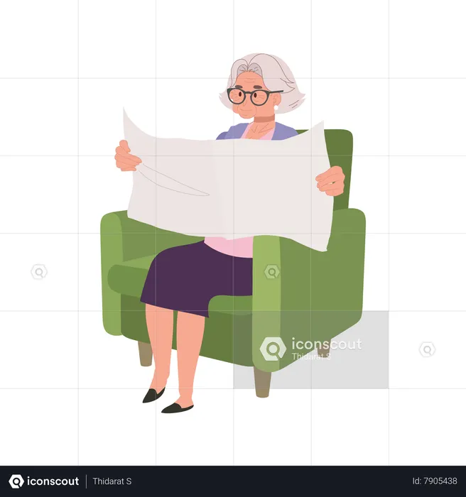 Aged Woman Enjoying Tranquil Reading of Newspaper on Cozy Couch  Illustration