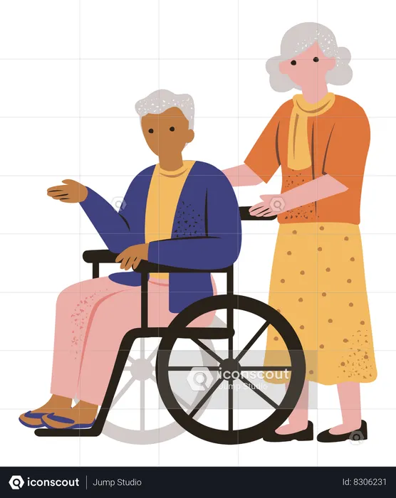 Aged woman helping handicapped man  Illustration