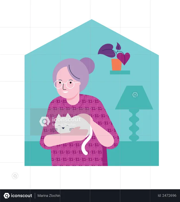 Aged woman holding cat  Illustration