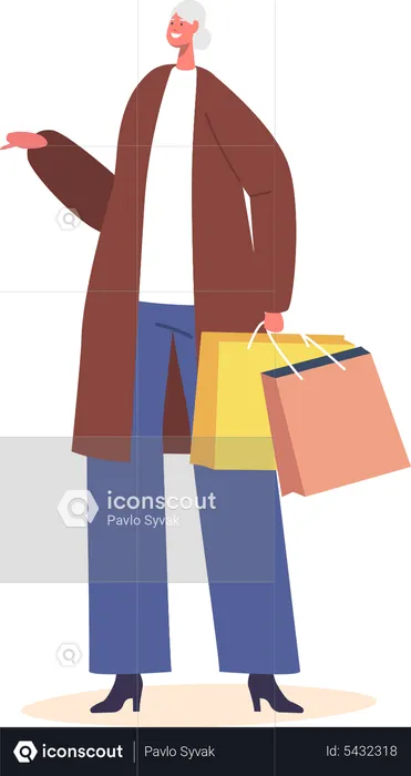 Aged woman holding shopping bags  Illustration