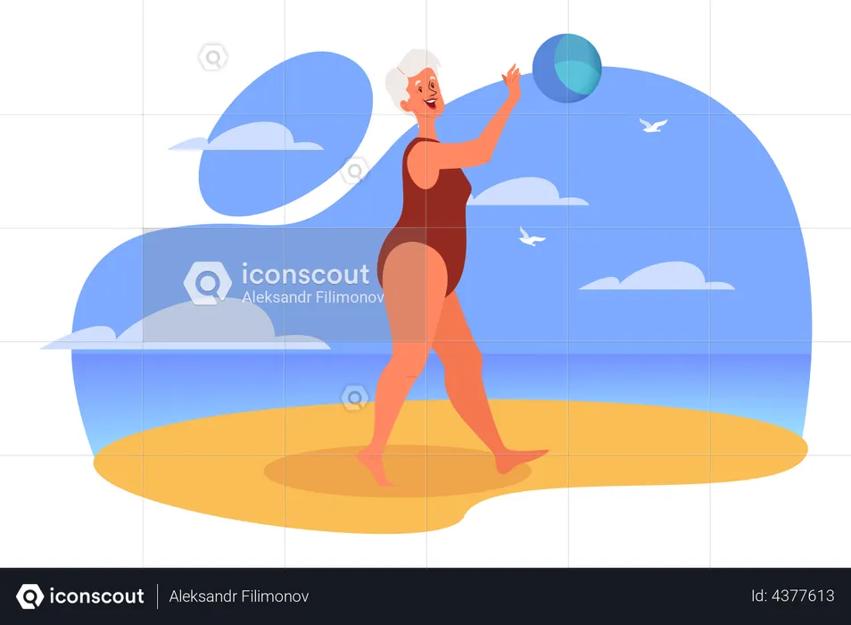 Aged woman playing volleyball  Illustration
