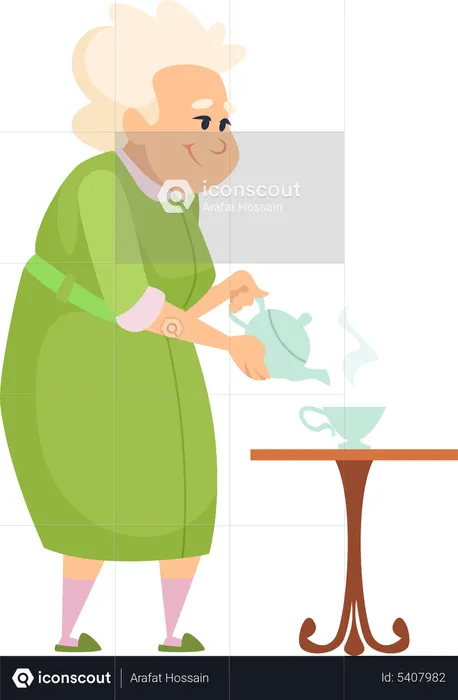 Aged woman pouring tea  Illustration